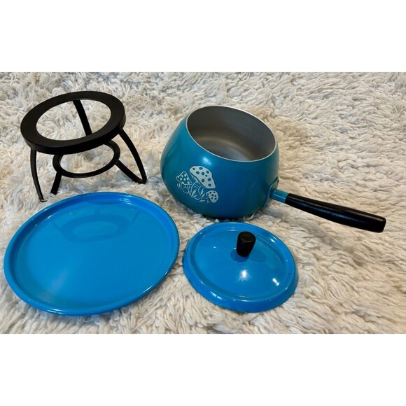 VINTAGE Midcentury Japan 4 Pc Blue Mushroom Fondue Set - 2Qt Pot/Lid/Stand/Tray - Picture 5 of 8